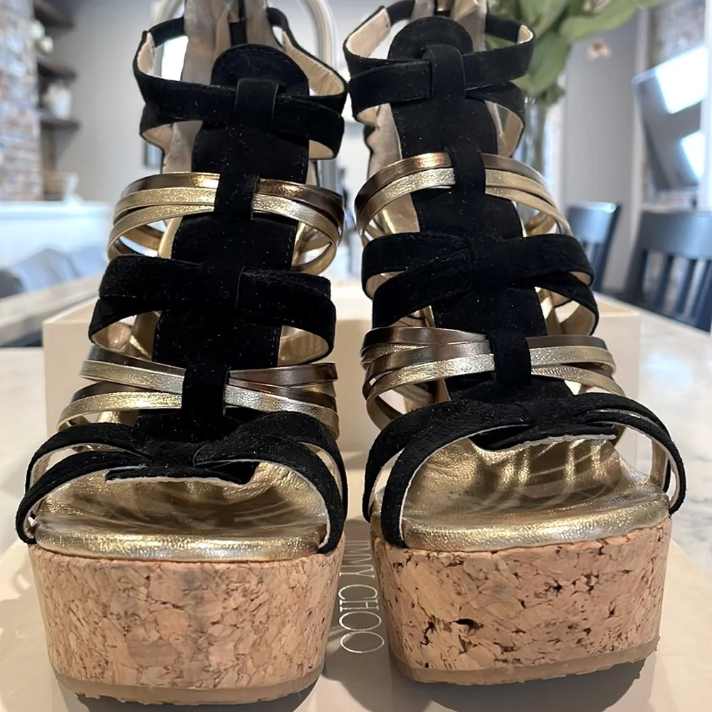 Jimmy Choo SUEDE/NAPPA/MIRROR BLACK Wedge - STYLE 121PEKABO Cork Wedges - Picture 8 of 9